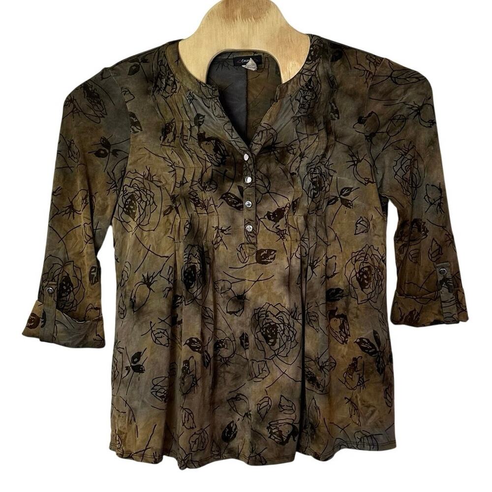 Cocomo Womens‎ 3/4 Roll Tab Sleeve Tunic Blouse Size M Velvet Floral Boho Earthy